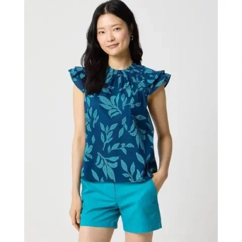 J. Crew Women’s Navy and Aqua Leaf Print Ruffled Sleeveless Top Size M